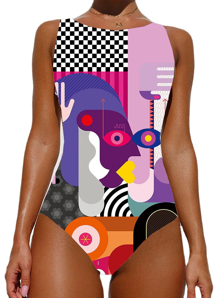 Colorful Abstract Figure Print High Neck Slimming One Piece Beach Women Swimwear