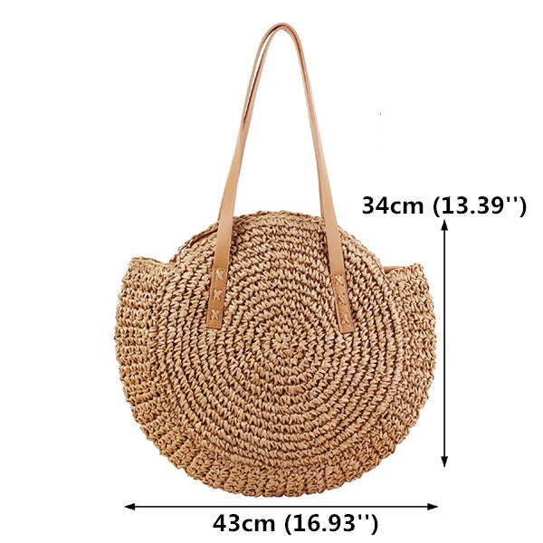 Women Leisure Round Straw Bag Woven Beach Bag Shoulder Bag