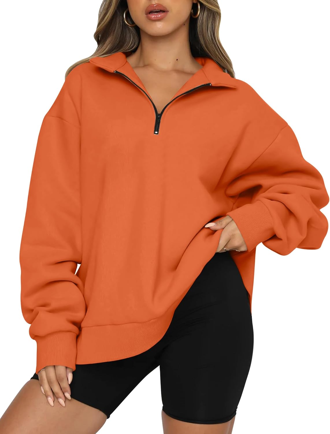 Women’s Oversized Half-Zip Pullover – Cozy Fleece Hoodie with Drop Shoulder & Quarter-Zip Design – Casual Fall and Winter Sweatshirt