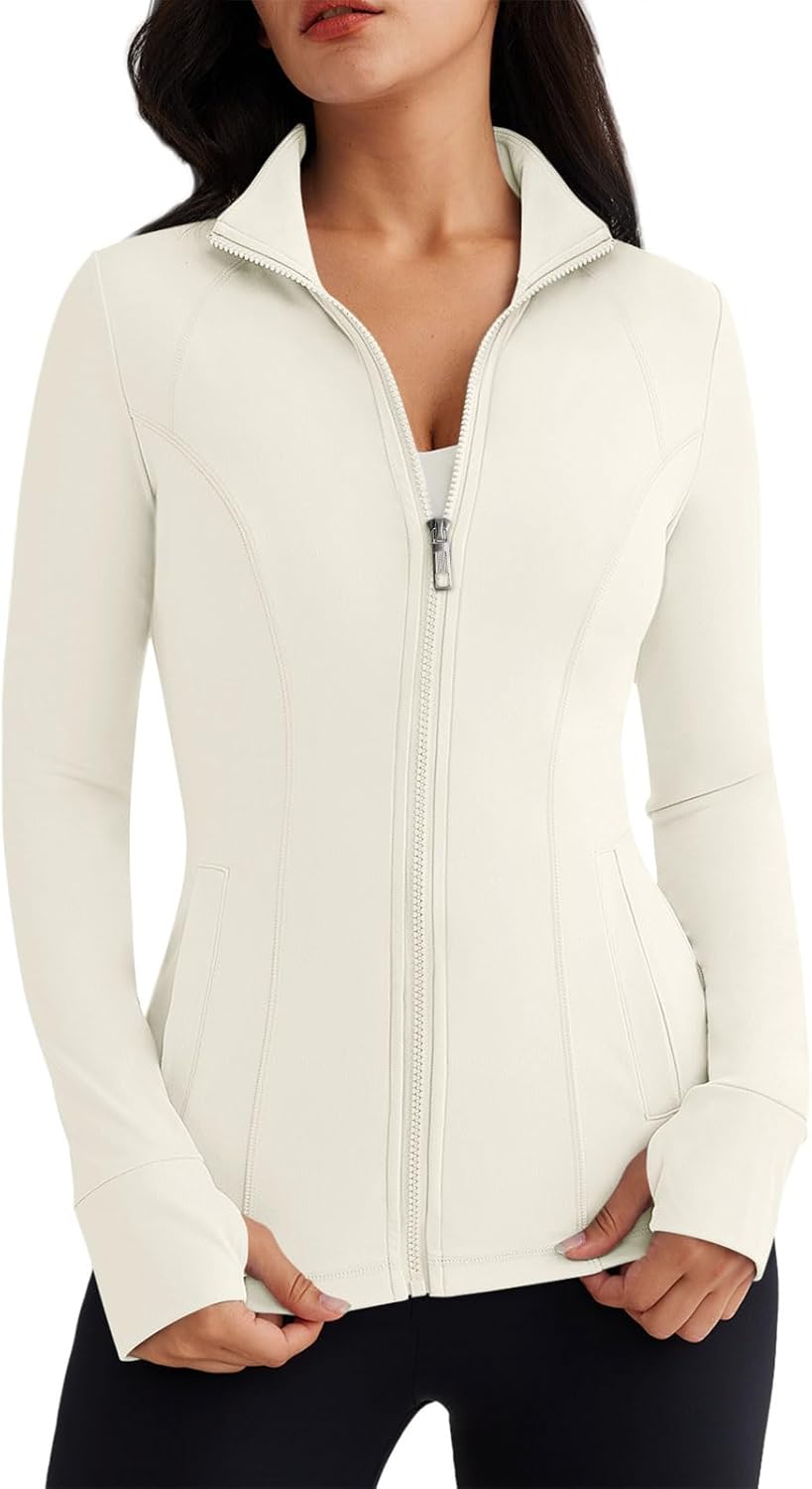 Women’s Full Zip Athletic Jacket – Breathable Lightweight Zip-Up Hoodie with Stand-Up Collar, Thumb Holes, and Zipper Pockets for Exercise and Outdoor Activities