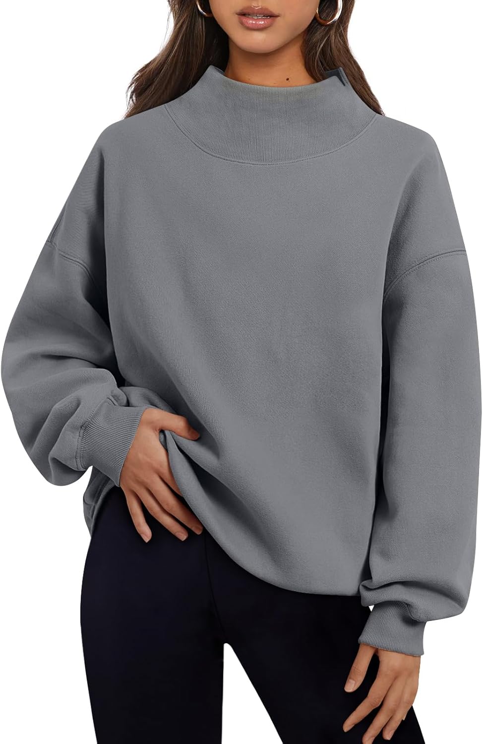 Women's Turtleneck Sweatshirt - Oversized Drop Shoulder Pullover with Fleece Lining