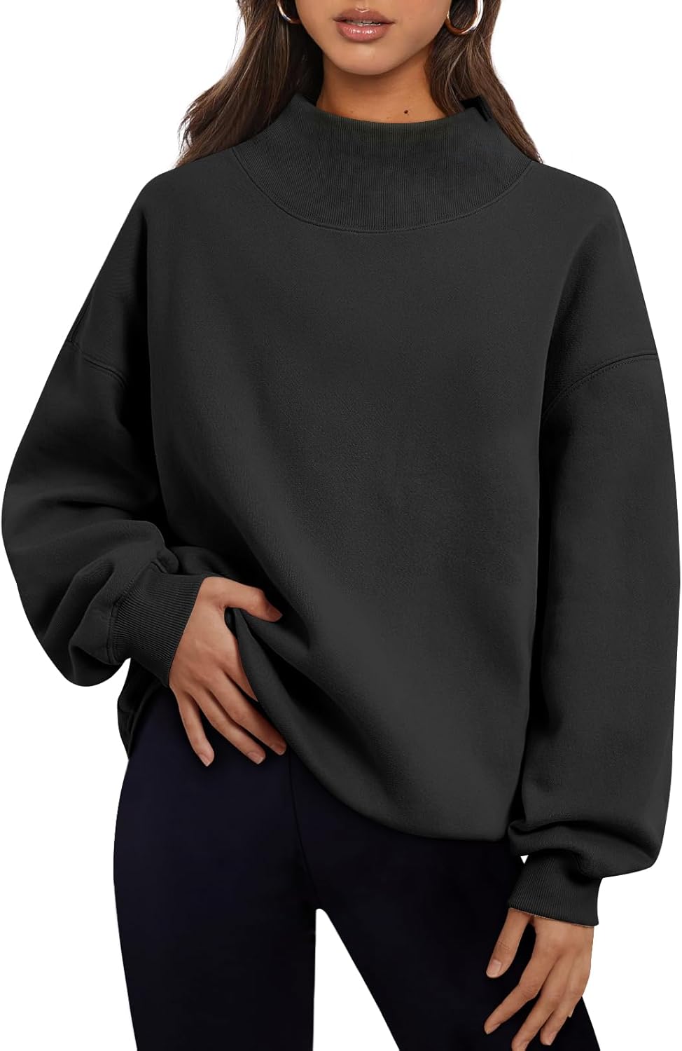 Women's Turtleneck Sweatshirt - Oversized Drop Shoulder Pullover with Fleece Lining