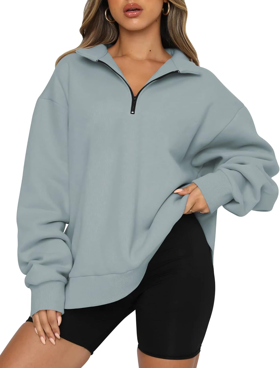 Women’s Oversized Half-Zip Pullover – Cozy Fleece Hoodie with Drop Shoulder & Quarter-Zip Design – Casual Fall and Winter Sweatshirt