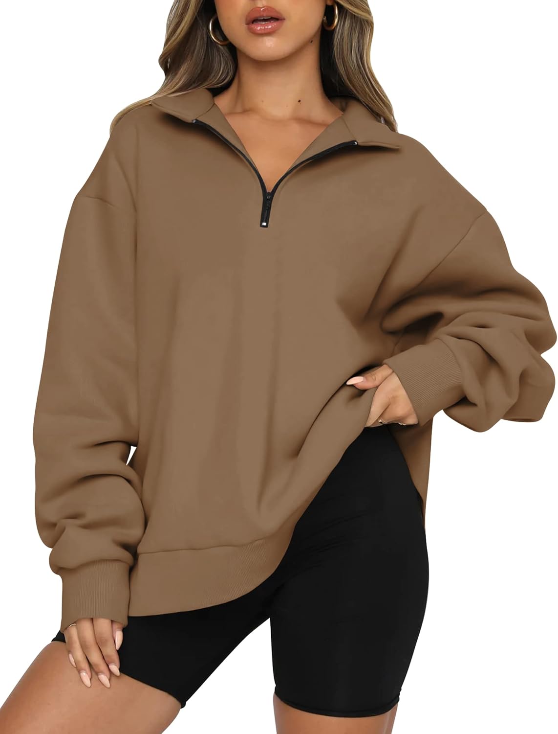 Women’s Oversized Half-Zip Pullover – Cozy Fleece Hoodie with Drop Shoulder & Quarter-Zip Design – Casual Fall and Winter Sweatshirt