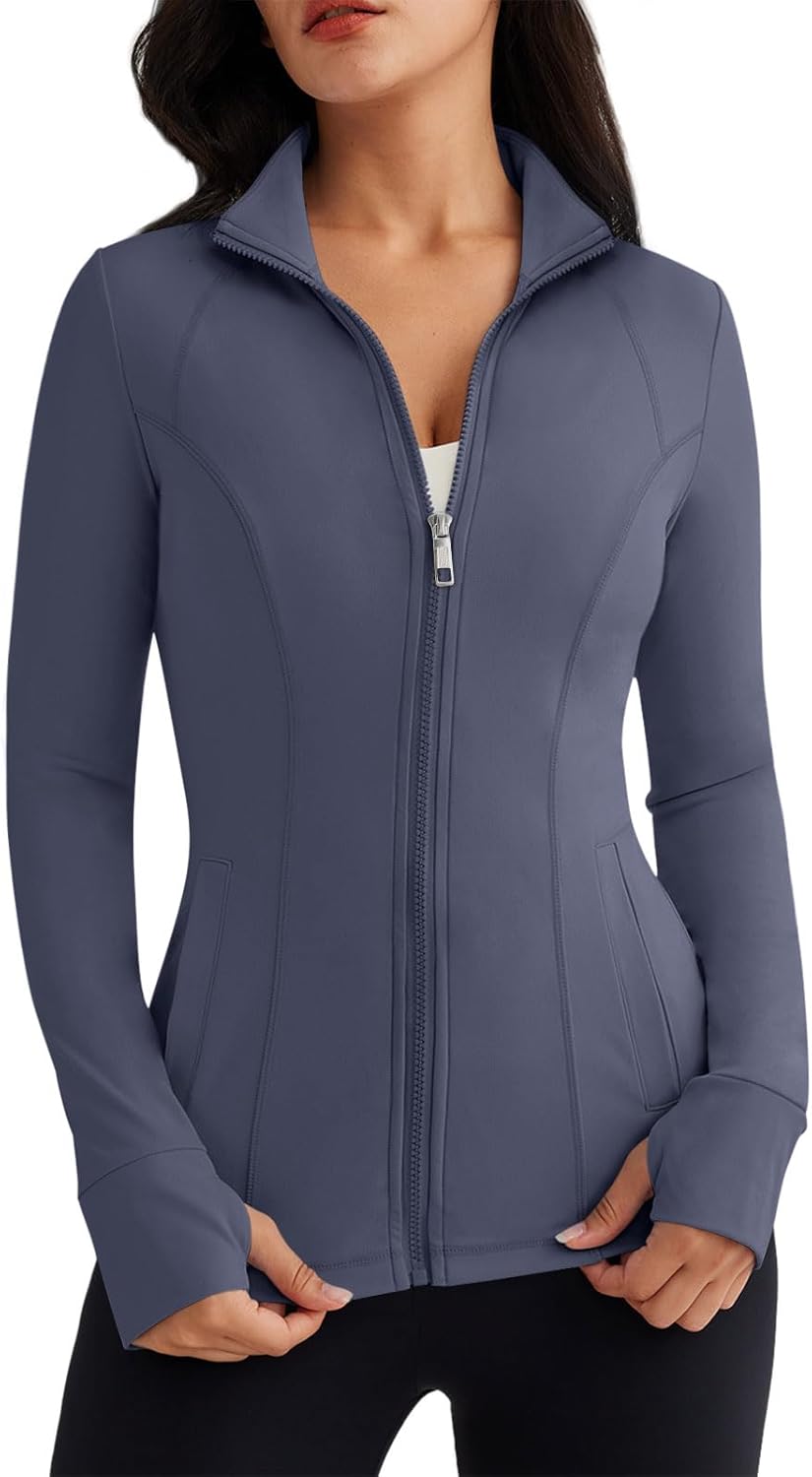 Women’s Full Zip Athletic Jacket – Breathable Lightweight Zip-Up Hoodie with Stand-Up Collar, Thumb Holes, and Zipper Pockets for Exercise and Outdoor Activities