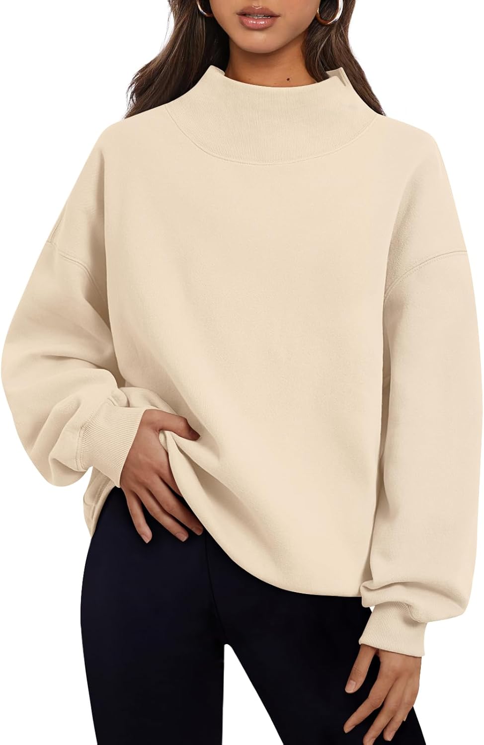 Women's Turtleneck Sweatshirt - Oversized Drop Shoulder Pullover with Fleece Lining