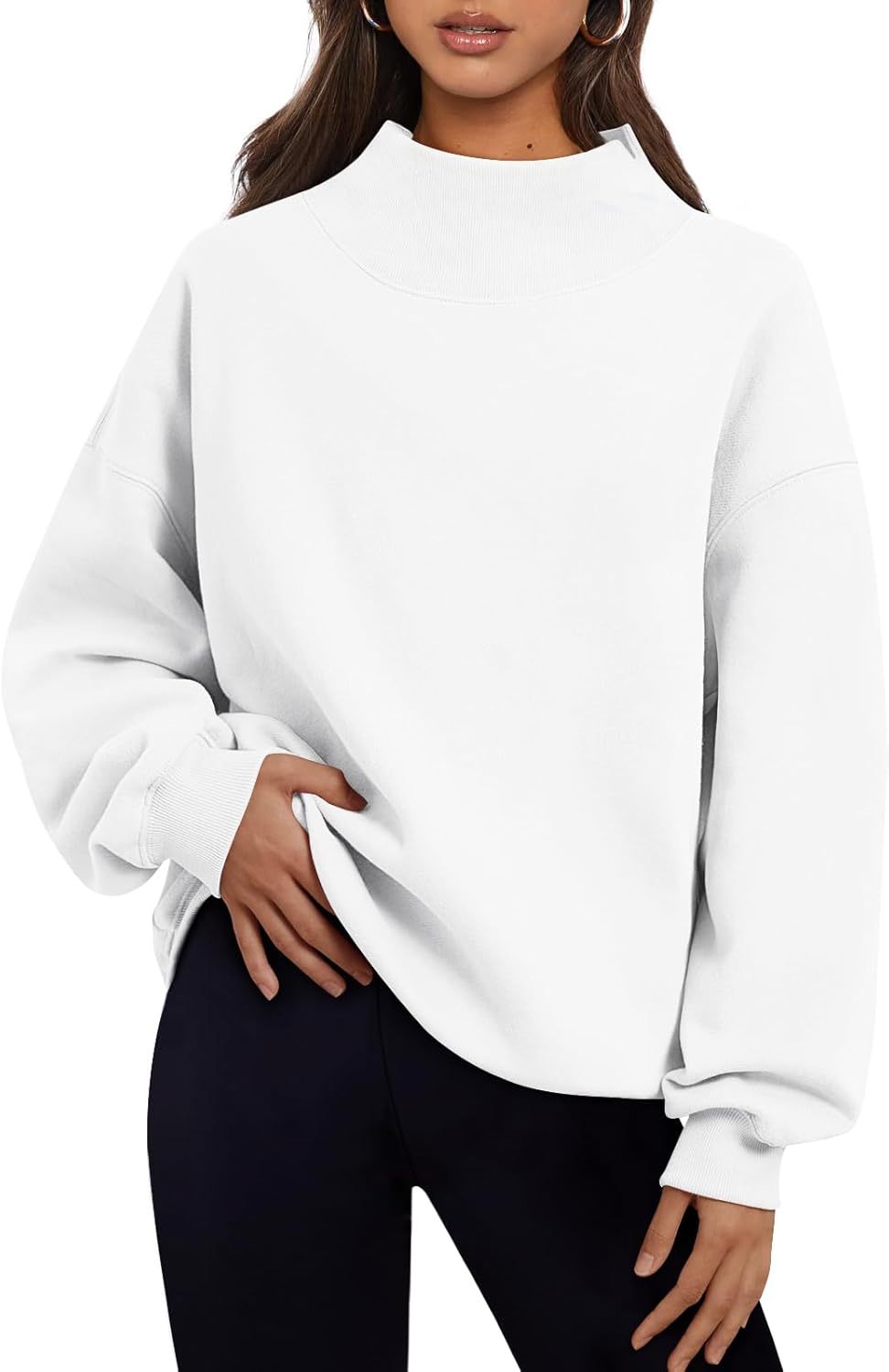 Women's Turtleneck Sweatshirt - Oversized Drop Shoulder Pullover with Fleece Lining