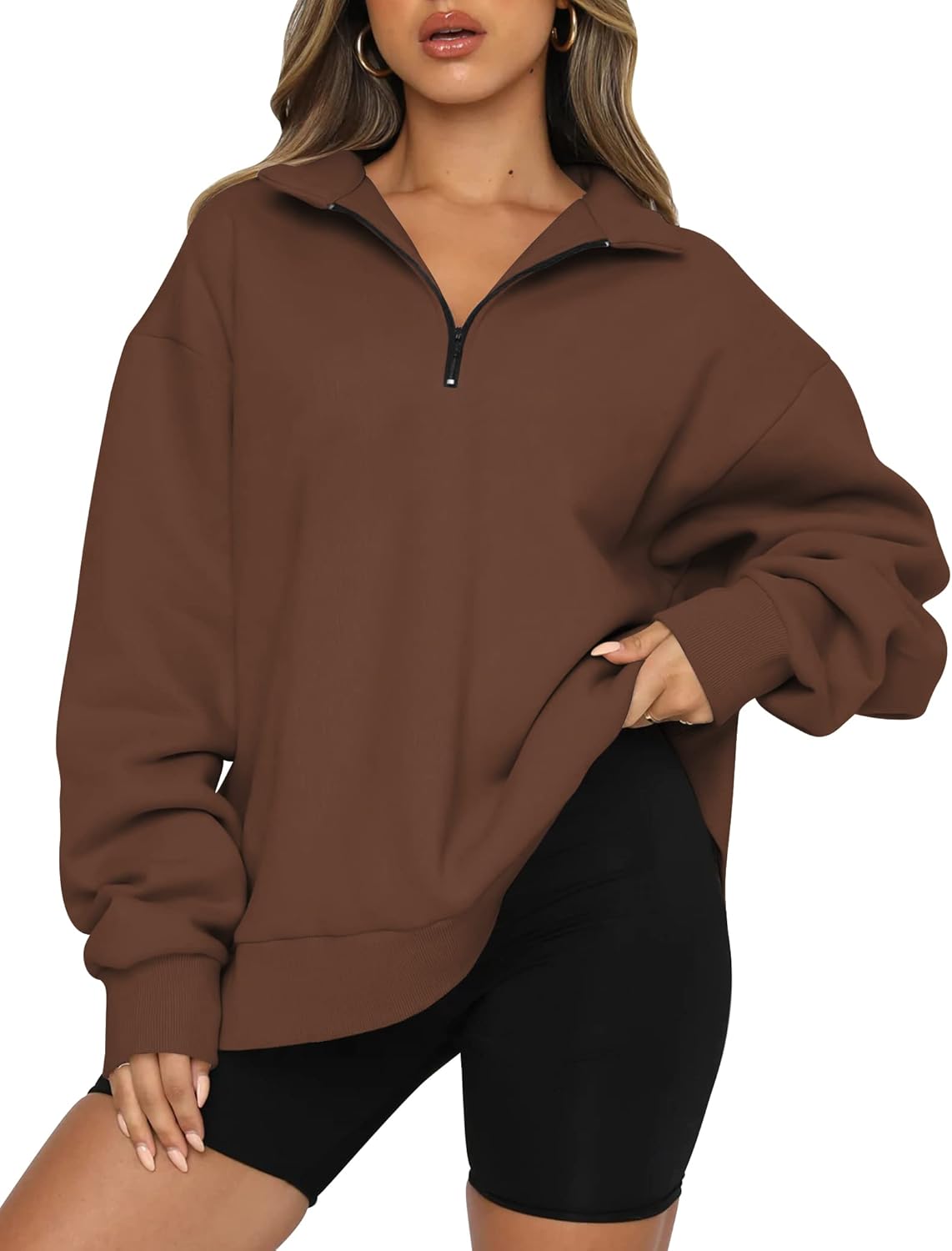 Women’s Oversized Half-Zip Pullover – Cozy Fleece Hoodie with Drop Shoulder & Quarter-Zip Design – Casual Fall and Winter Sweatshirt