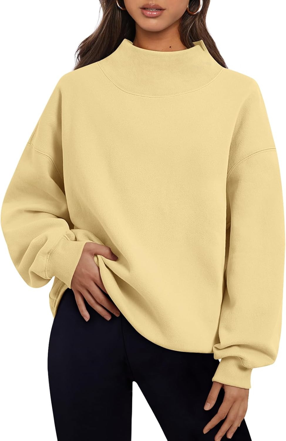 Women's Turtleneck Sweatshirt - Oversized Drop Shoulder Pullover with Fleece Lining