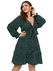 Plus Size Polka Dot Tie-up Design Lettuce-Edge Dress
