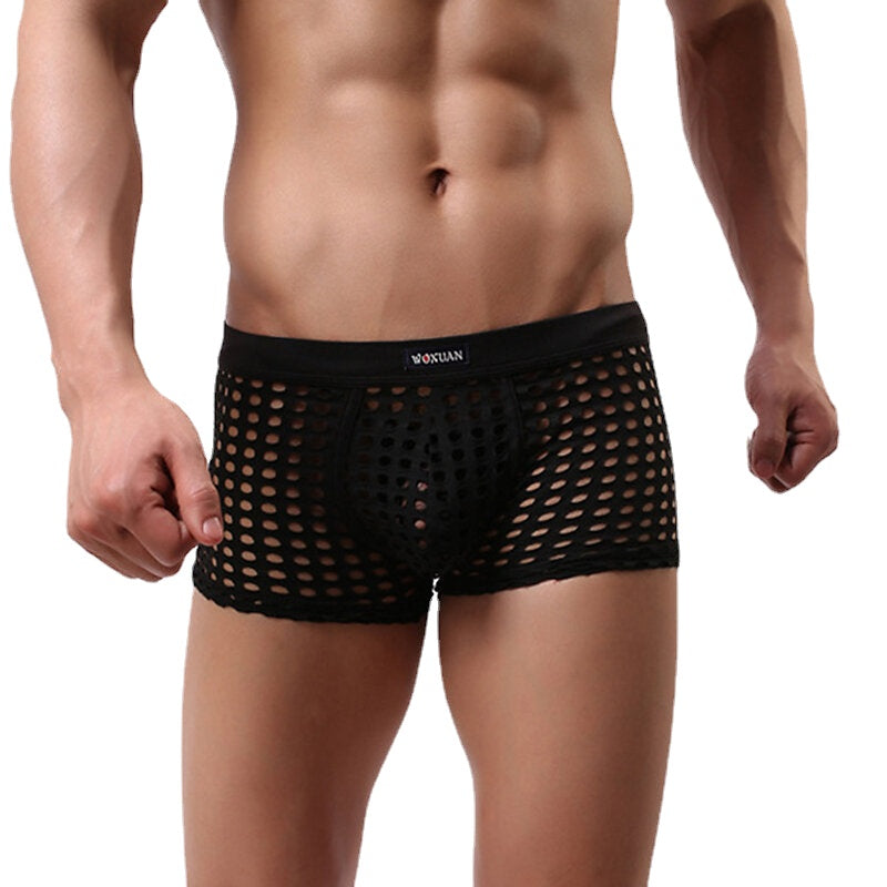 Mens Mesh Holes Transparent Solid Color Boxers Underwear