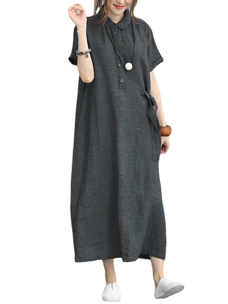 Women Casual Button Down Casual Loose Short Sleeve Dress with Pockets