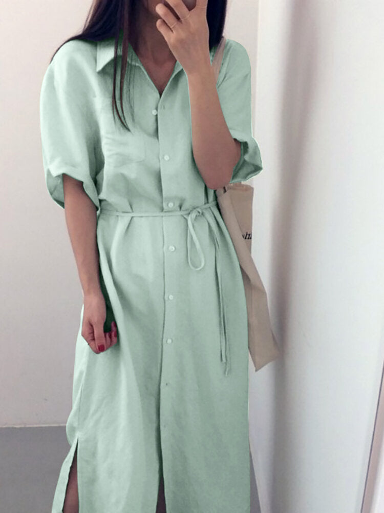 Solid Slit Half Sleeve Belt Lapel Button Down Shirt Dress