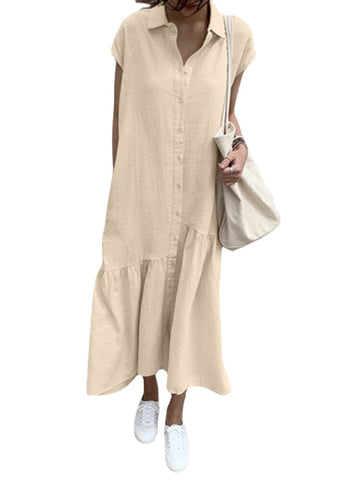 100% Cotton Solid Ruffles Bohemian Casual Maxi Dress For Women