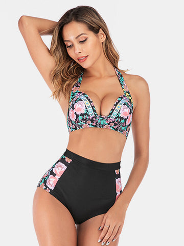 Plus Size Women Floeal Print Patchwork High Waist Bikini Backless Swimwear