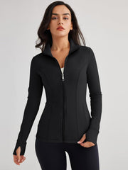 Women’s Full Zip Athletic Jacket – Breathable Lightweight Zip-Up Hoodie with Stand-Up Collar, Thumb Holes, and Zipper Pockets for Exercise and Outdoor Activities