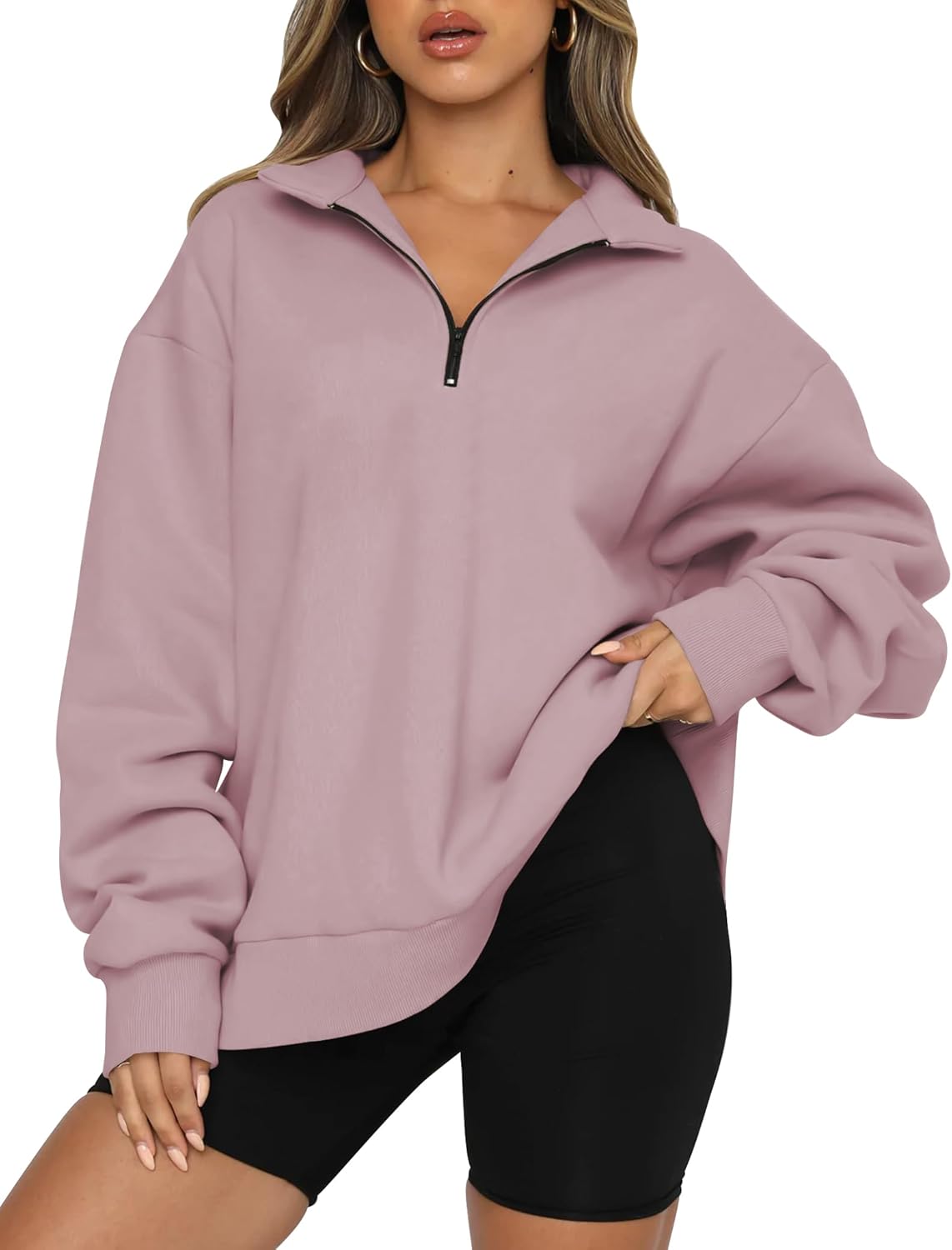 Women’s Oversized Half-Zip Pullover – Cozy Fleece Hoodie with Drop Shoulder & Quarter-Zip Design – Casual Fall and Winter Sweatshirt