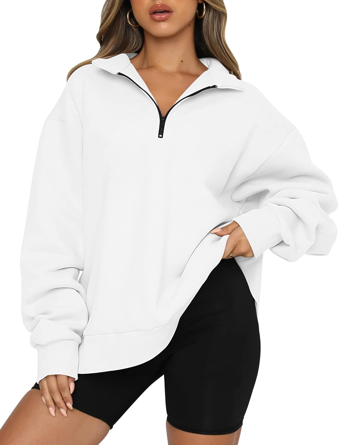 Women’s Oversized Half-Zip Pullover – Cozy Fleece Hoodie with Drop Shoulder & Quarter-Zip Design – Casual Fall and Winter Sweatshirt