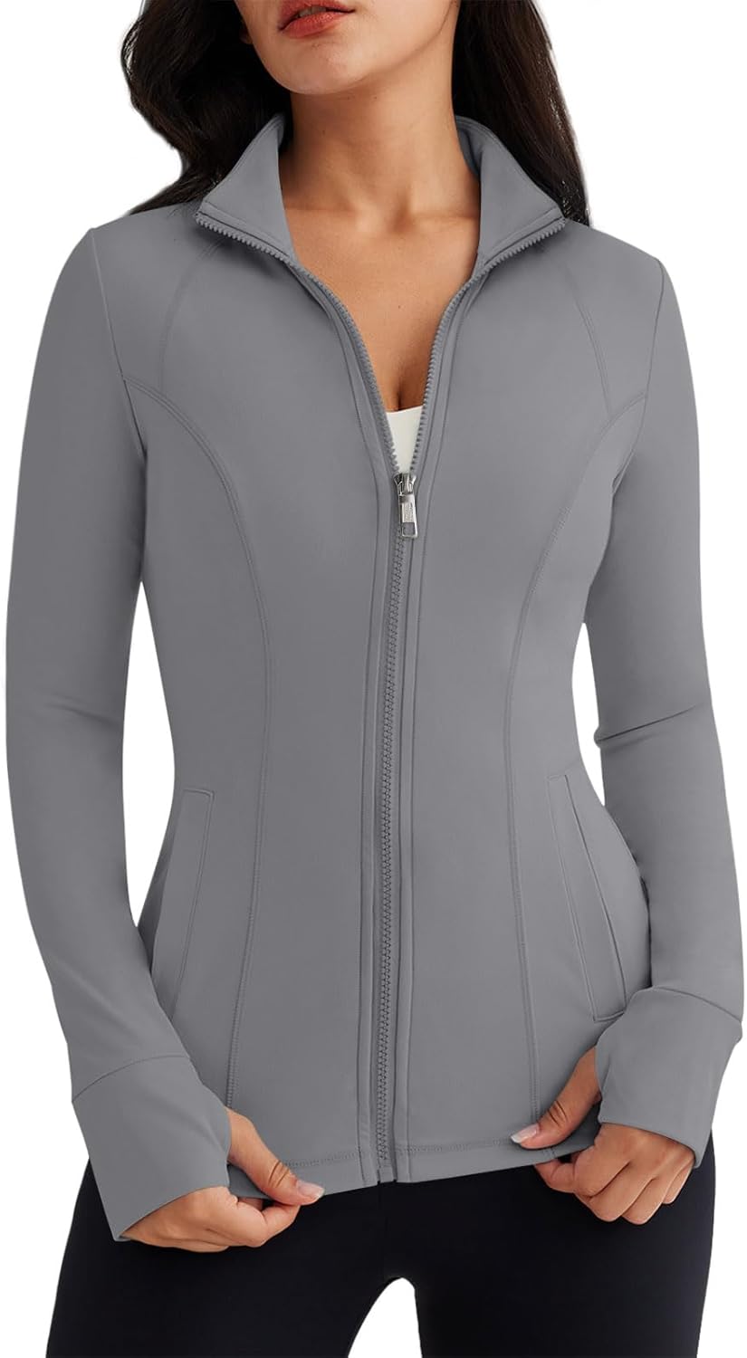 Women’s Full Zip Athletic Jacket – Breathable Lightweight Zip-Up Hoodie with Stand-Up Collar, Thumb Holes, and Zipper Pockets for Exercise and Outdoor Activities