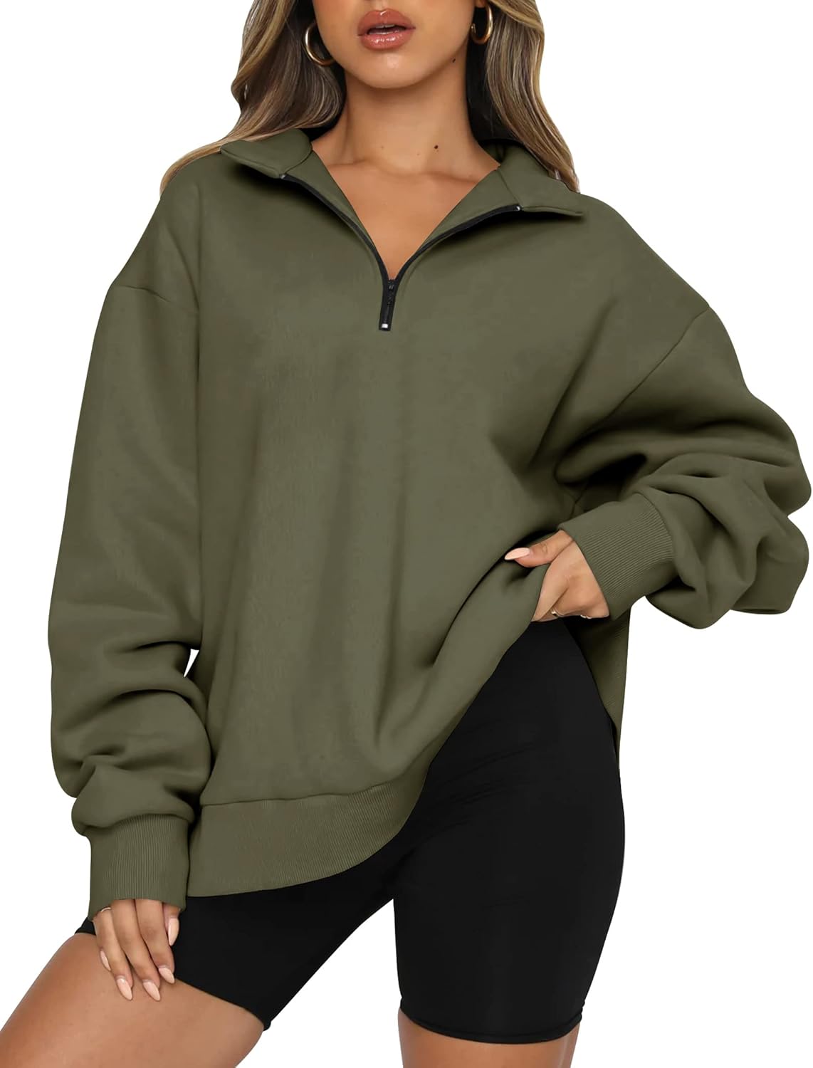 Women’s Oversized Half-Zip Pullover – Cozy Fleece Hoodie with Drop Shoulder & Quarter-Zip Design – Casual Fall and Winter Sweatshirt