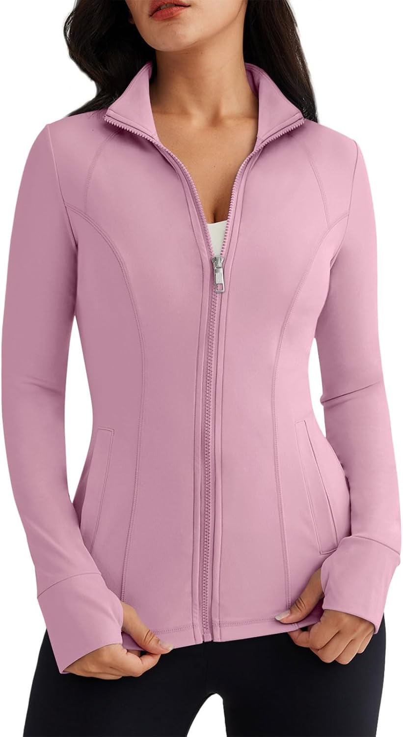 Women’s Full Zip Athletic Jacket – Breathable Lightweight Zip-Up Hoodie with Stand-Up Collar, Thumb Holes, and Zipper Pockets for Exercise and Outdoor Activities