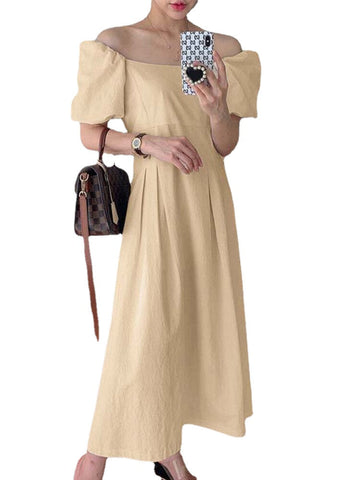 100% Cotton Puff Sleeve Pleated Summer Holiday Dress For Women