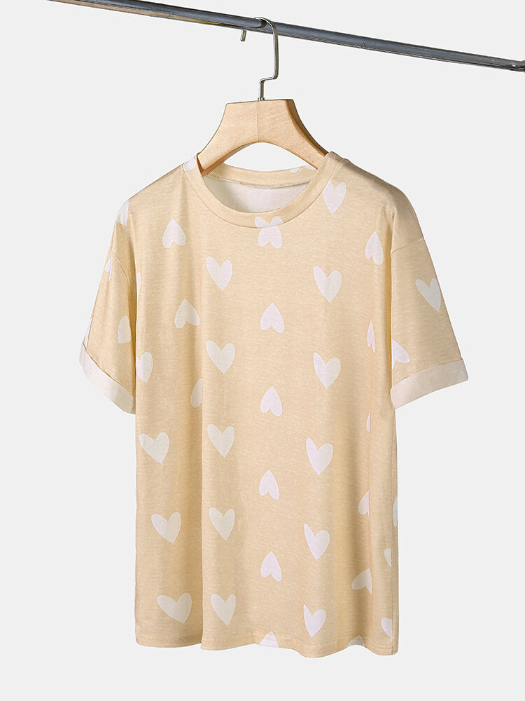Plus Size Women Heart Print Short Sleeve Elastic Waist Casual Pajamas Sets