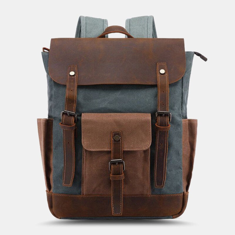 Men Oil Wax Canvas Multi-pocket Backpack Large Capacity Breathable Wear-resistant 14 Inch Laptop Bag