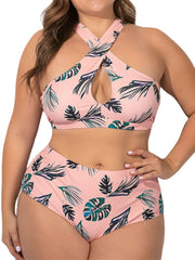 Women Plus Size Criss Cross Strappy Printed High Waist Bikini