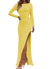 Women Solid Color Backless High Split Long Sleeves Casual Maxi Dress