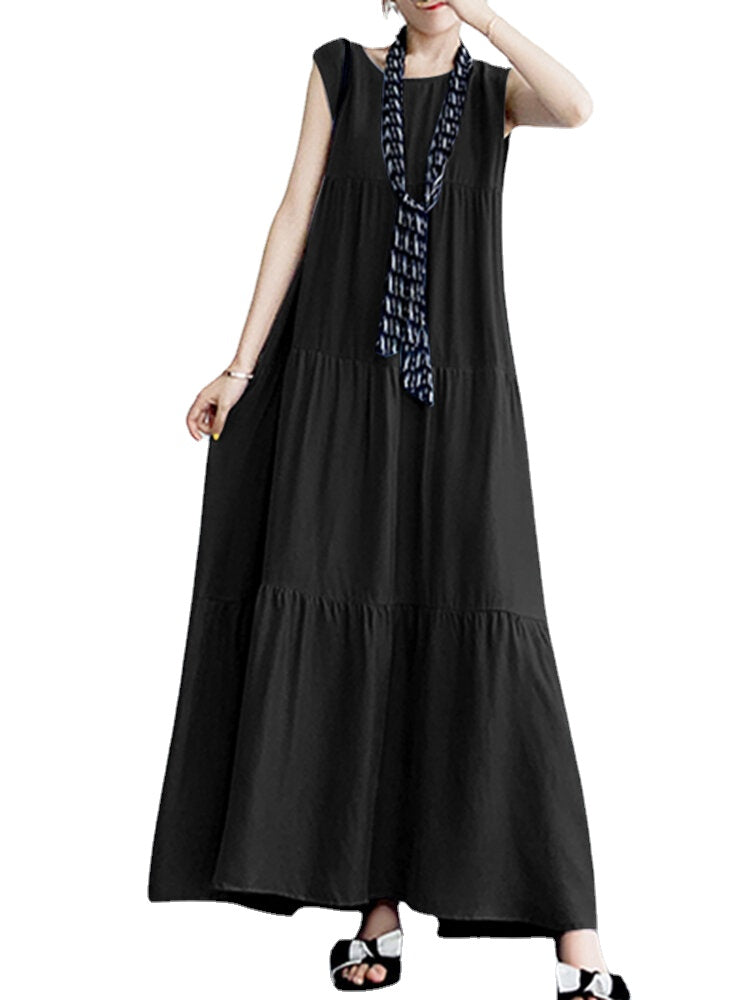 Solid Color O-neck Sleeveless Ruffles Hem Pleated Maxi Dress