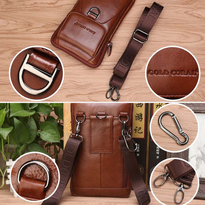 Men Multifunction Genuine Leather Belt Bag Retro 6.5 Inch Phone Wear Resistant Waterproof Waist