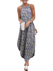 Women Floral Print Sleeveless Sling Split Hem Thin Casual Holiday Maxi Dress