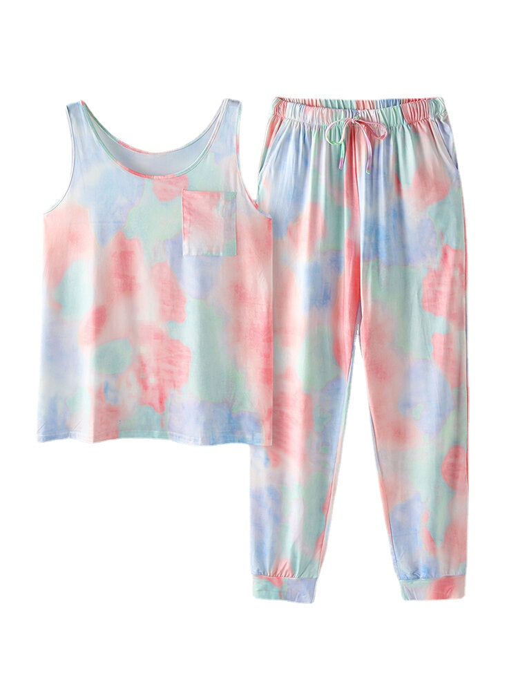 Tie Dye Print Sports Loungewear Set Tank Top Beam Feet Sleeveless Two-Piece Set