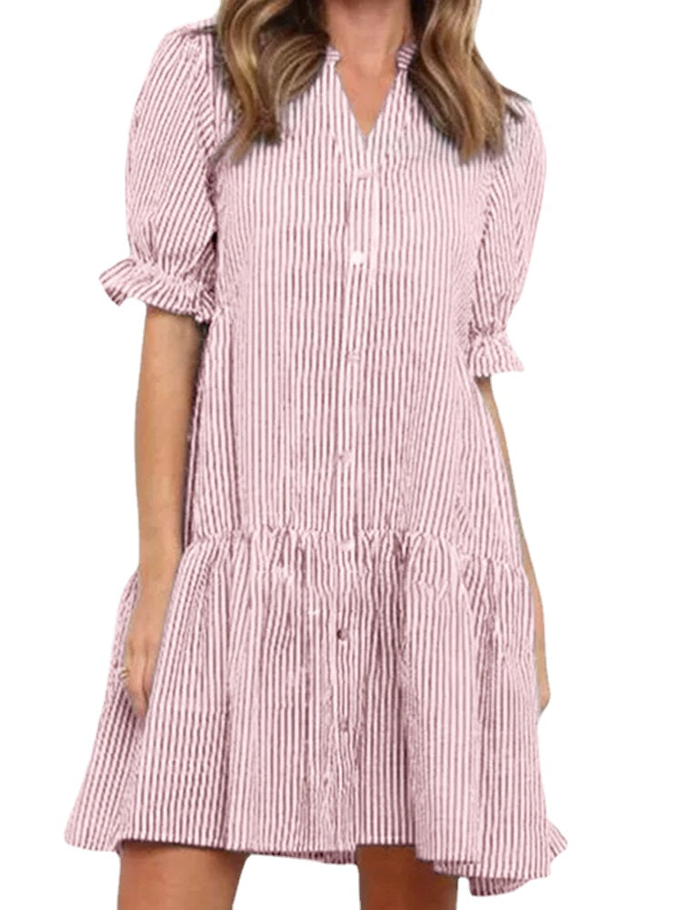 Stripe Print Button Front Stand Collar Puff Sleeve Shirt Dress