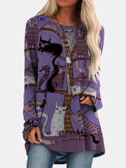 Cartoon Cat Print O-neck Long Sleeve Blouse For Women