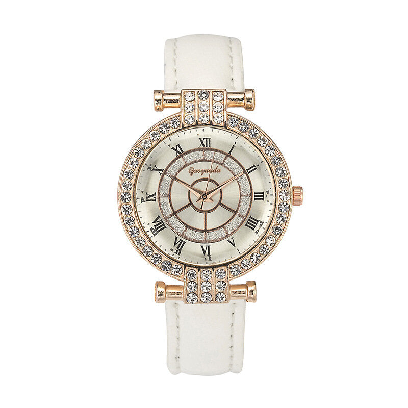 Leather Band Women Wrist Watch Casual Style Crystal Quartz Watch