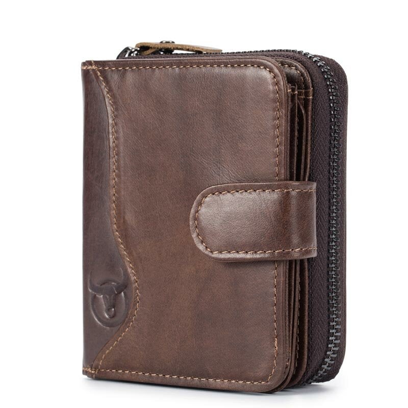 Cowhide Short Wallet Zipper Coin Bag with 16 Card Slots