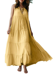 Casual Solid Sleeveless V-neck Pleated A-line Maxi Dress