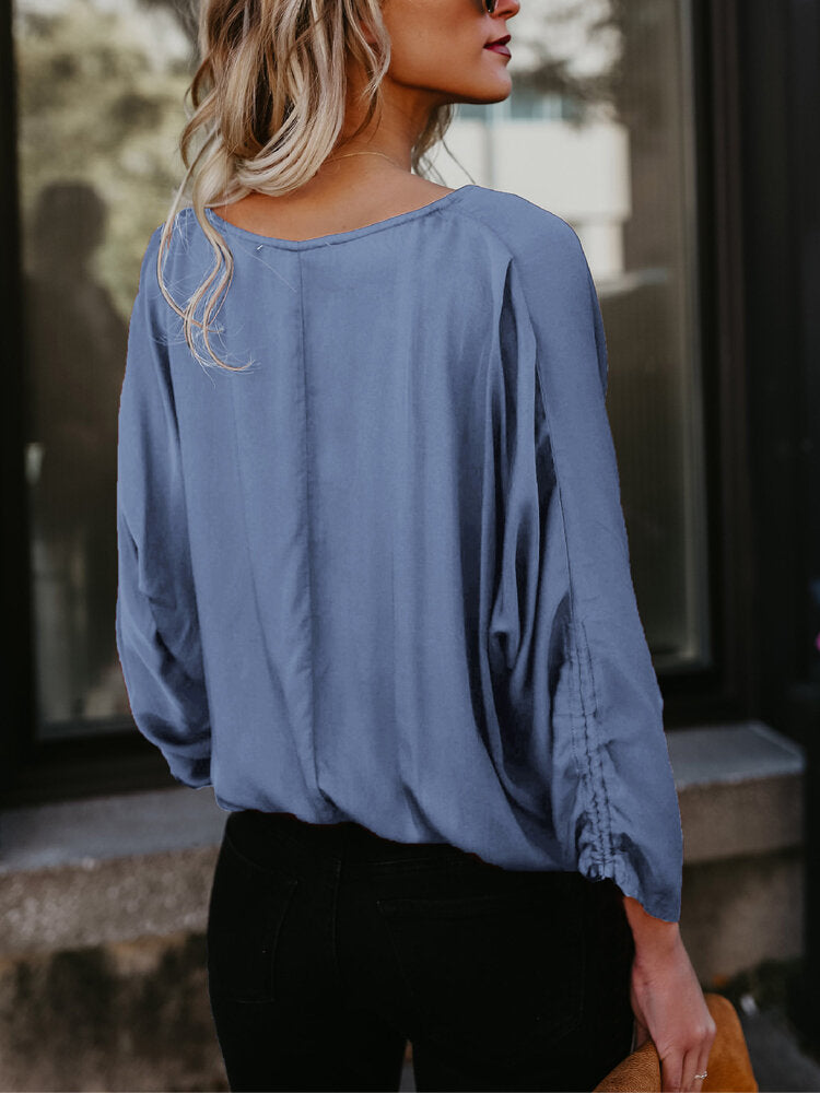 Women Elegant Solid Color V-neck Bat Sleeve Casual Blouse