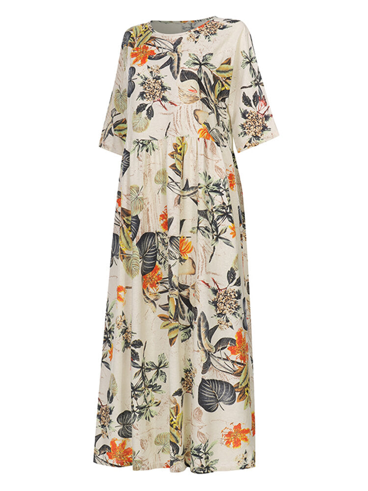 Women Retro Floral Printed Round Neck Three Quarter Sleeve Pleated Maxi Dresses