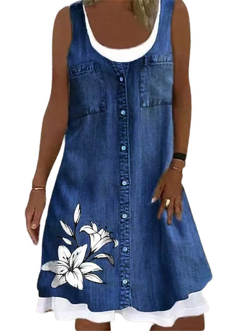 Women's Denim Color Sleeveless Print Pocket Button Round Neck Casual Daily Dress