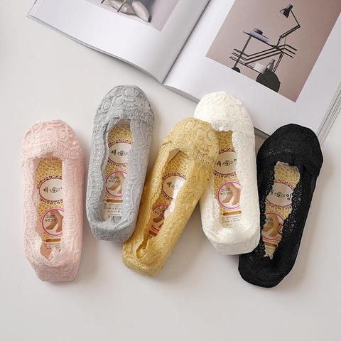 Women Girls Lace Boat Socks Silicon Antiskid Invisible Liner No Show Peep Low Cut Hosiery