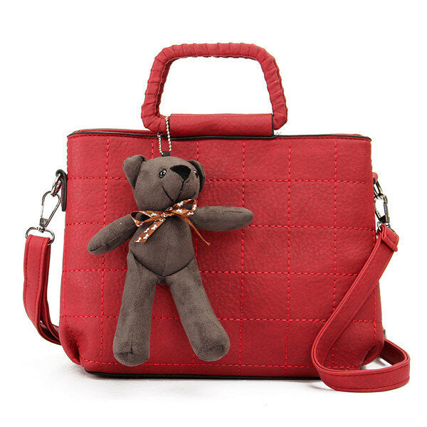Retro Women PU Leather Plaid Bear Handbags Ladies Elgant Shoulder Bags Crossbody