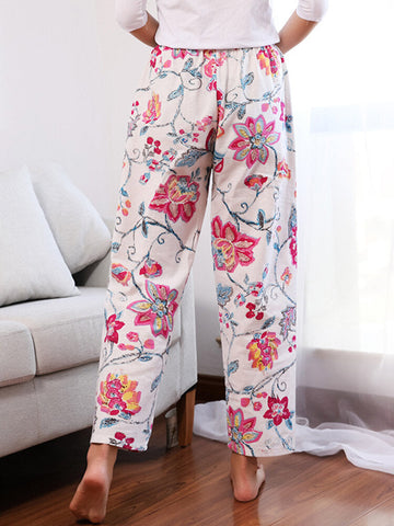 Cotton Design Floral Print Elastic Waist Casual Home Pajamas Pants