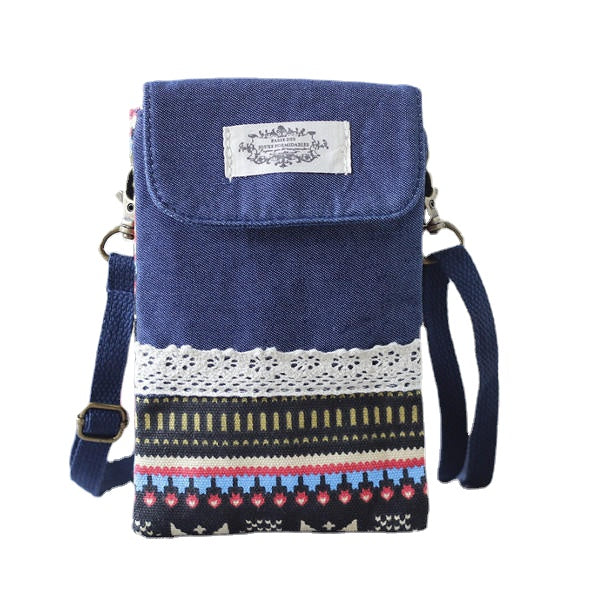 Women Denim Three Interlayers Flower Printing Mini Shoulder Bags Lace Crossbody 6.0'' Phone Bag