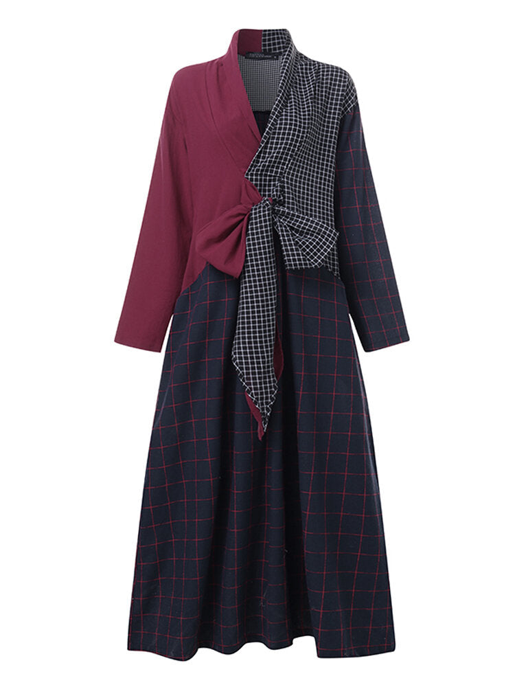 Women Long Sleeve V-neck Loose Plaid Patchwork Maxi Dress