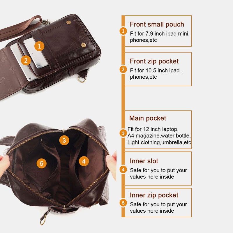 Men Genuine Leather Large Capacity Multi-compartment Backpack Retro Multifunction Crossbody Shoulder Bags