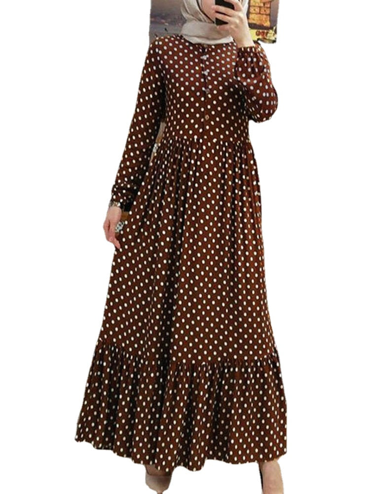 Women Retro Polka Dot Print Pleated Ruffled Hem Side Zipper Button Vintage Maxi Dress