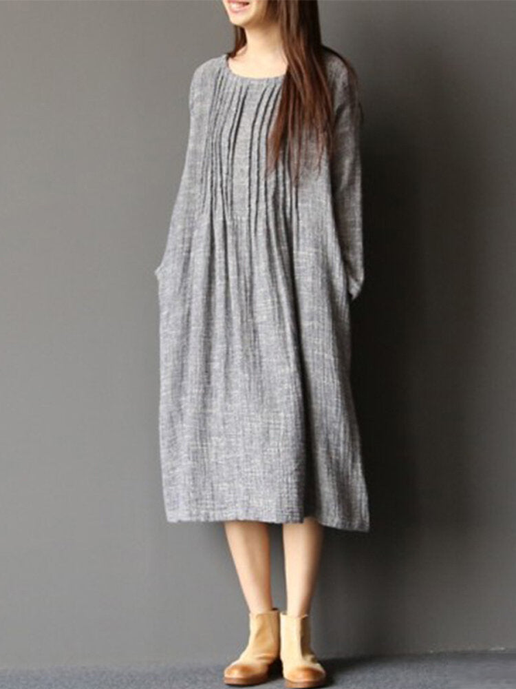 Women Long Sleeve Crew Neck Loose Casual Solid Pleated Dress